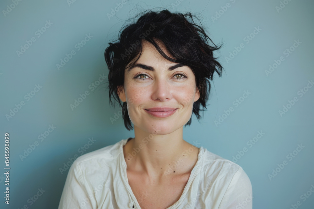 A close up portrait of a woman with a subtle smile A close up portrait of a woman with a subtle smile