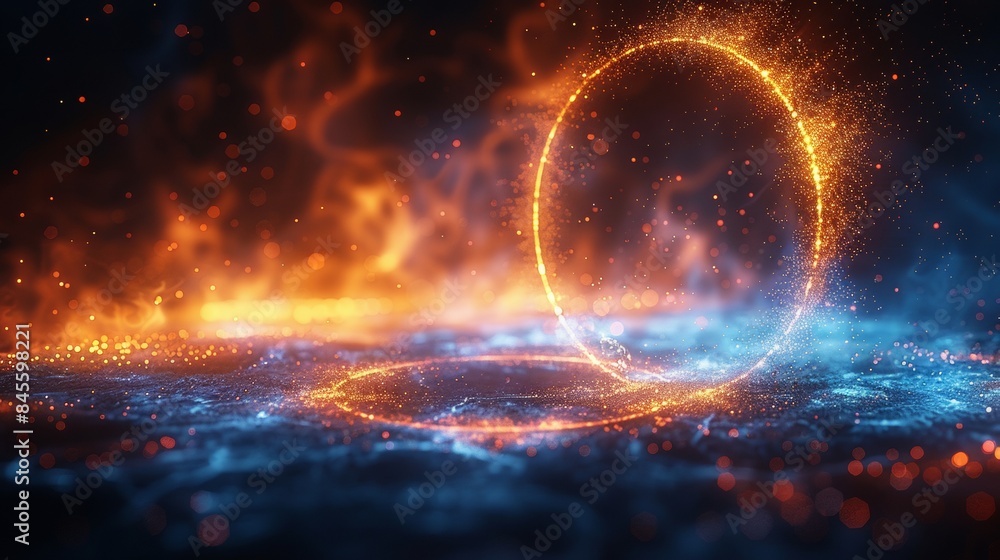 orange and blue light circles with particles intersect each other, dark background orange and blue light circles with particles intersect each other, dark background