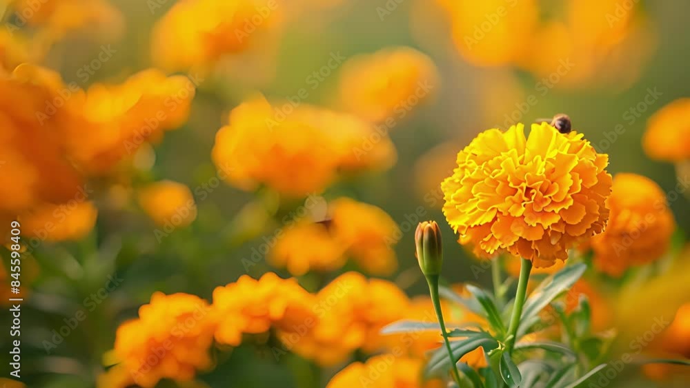 A sprawling field of lively yellow marigolds buzzing with the sound of content bees.