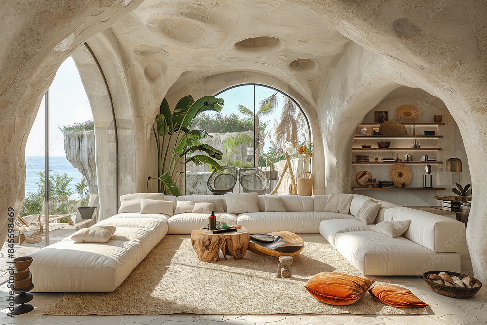 Fototapeta premium Moderner Wohnraum im Stil des Modernismus und Luxusminimalismus. Organisch, fließende Architektur in mediterraner Umgebung