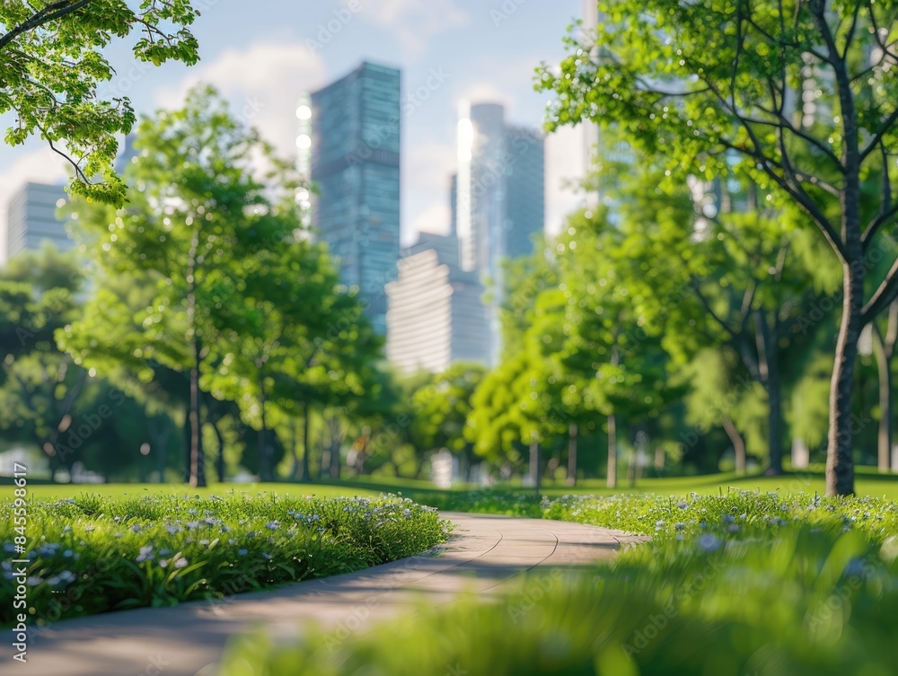 Fototapeta premium 3D model of urban park emphasizing clean air benefits, close up, environmental awareness, realistic, Composite, cityscape backdrop