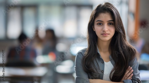 Confident young female Pakistani student standing in classroom, poised, confident posture, determined expression, academic setting, classroom environment.