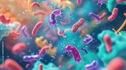Colorful 3D models of human microbiota interacting, focus on, microbiome theme, vibrant, overlay, gut environment backdrop