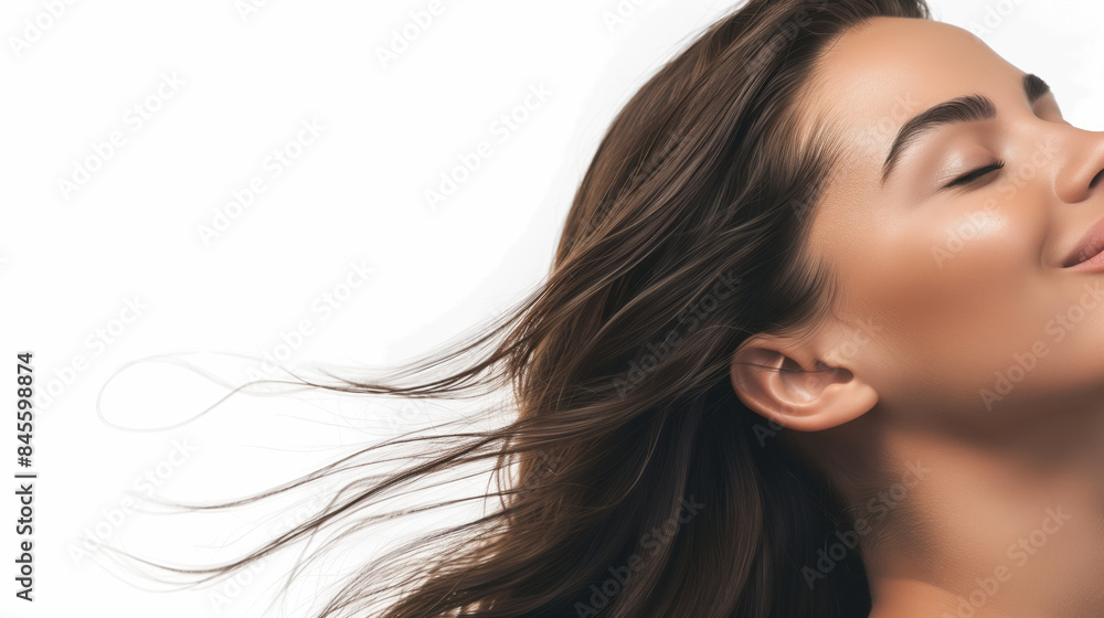 A beautiful woman with long, shiny wavy hair, smiling with eyes closed A beautiful woman with long, shiny wavy hair, smiling with eyes closed