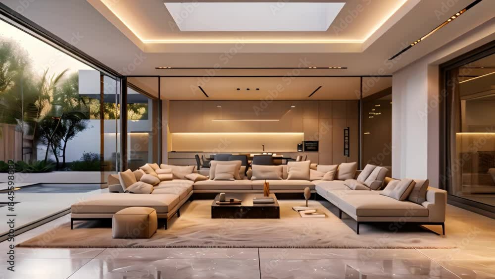 A modern living room with a large, sectional sofa and a view of a patio ...