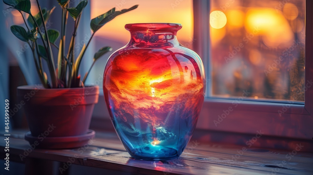 Beautiful vase with holographic glowing reflections, Beautiful vase with holographic glowing reflections,