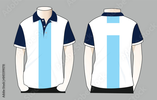 White-light blue-navy blue short sleeve polo shirt design on gray background. Front and back views, vector file.