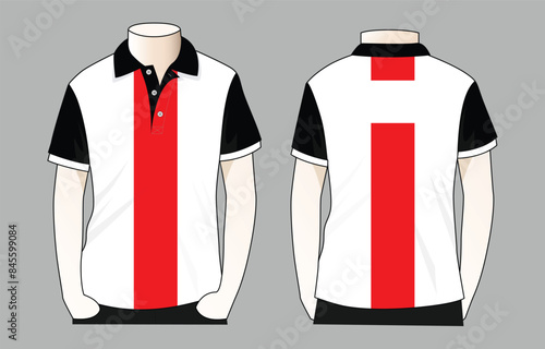 White-red-black short sleeve polo shirt design on gray background. Front and back views, vector file.