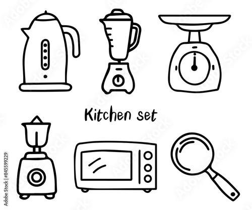 vector kitchen cookware, doodle icons set: electric kettle, countertop blender, scale, food processor, microwave oven and pan, isolated on white