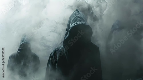 Camouflage ast the digital fog with hooded figures concealing their movements and actions in the world of blockchain. photo