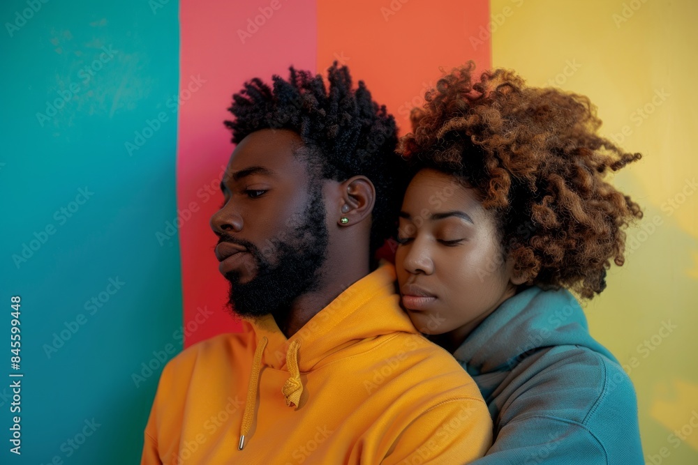 Portrait of a tender afro-american couple in their 30s sporting a comfortable hoodie isolated in pastel multicolor background Portrait of a tender afro-american couple in their 30s sporting a comfortable hoodie isolated in pastel multicolor background
