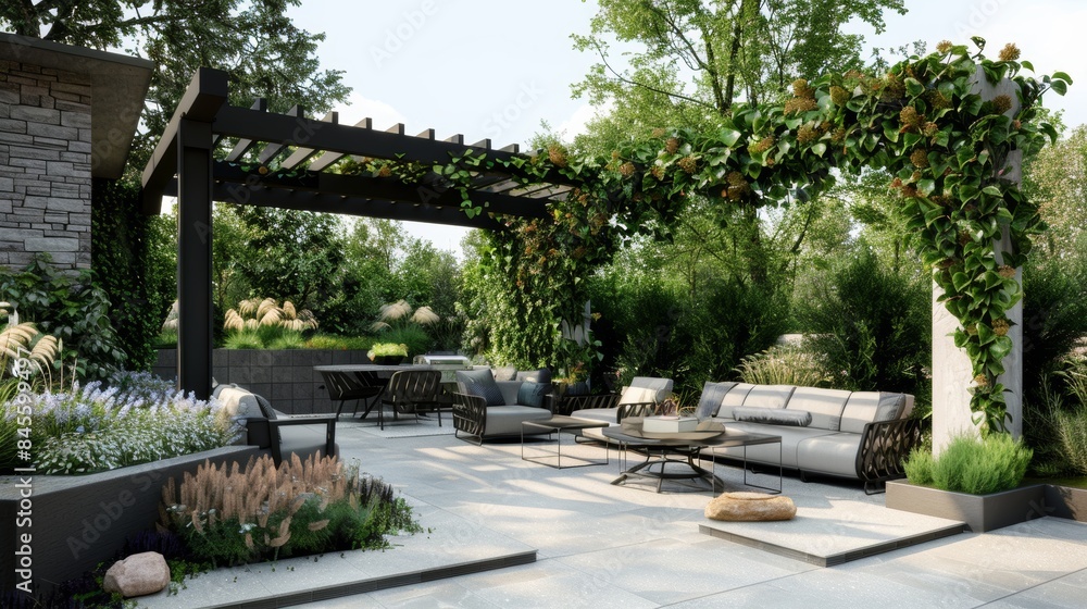 Fototapeta premium Modern Outdoor Patio with Contemporary Furniture and Pergola Covered in Climbing Vines