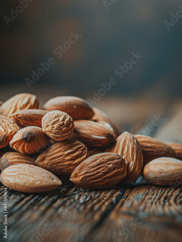 Almonds on a rustic wooden table.