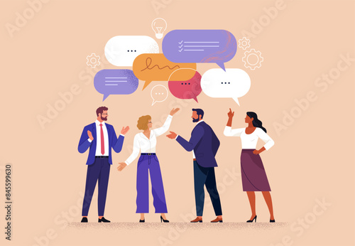 Business Discussion Concept. Vector cartoon full-length illustration in a flat style of various people talking to each other with bubbles over their heads. Isolated on background.