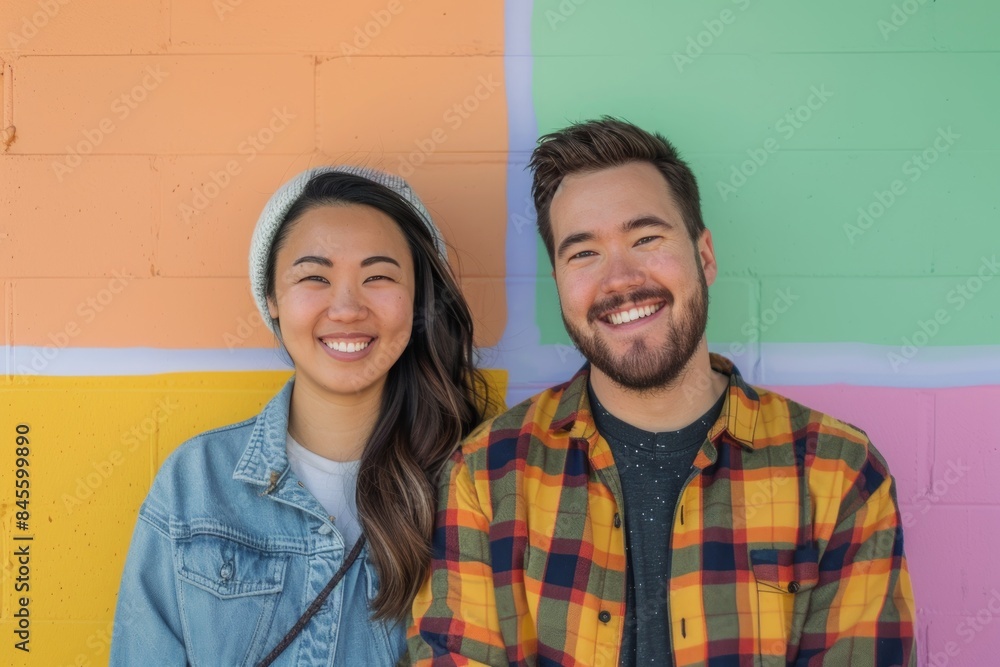 Obraz premium Portrait of a satisfied couple in their 20s wearing a comfy flannel shirt isolated on pastel multicolor background