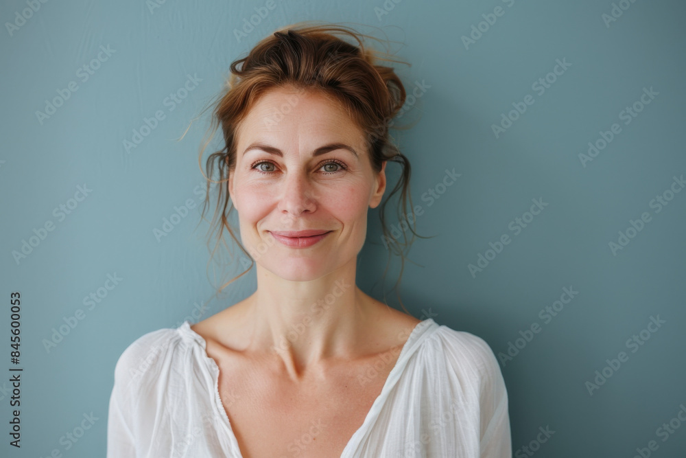 A close up portrait of a woman with a subtle smile A close up portrait of a woman with a subtle smile