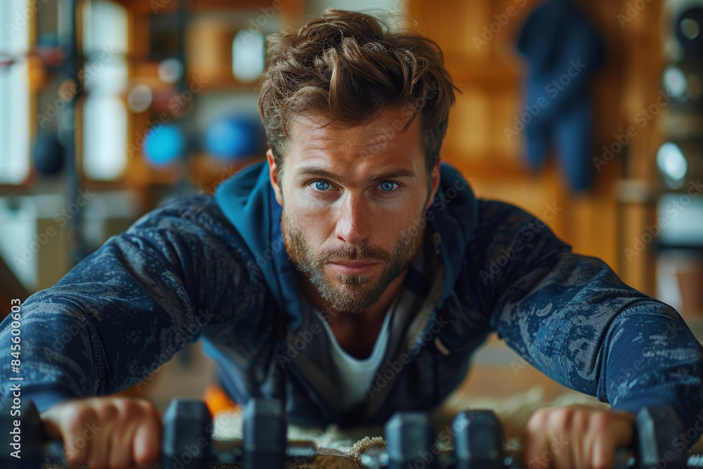 An active healthy muscular man is working out on a yoga mat or fitness mat with dumbbells intentionally in a house, bodybuilder. An active healthy muscular man is working out on a yoga mat or fitness mat with dumbbells intentionally in a house, bodybuilder.