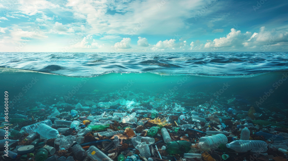 Fototapeta premium Trash floating in sea water, heavy pollution, environmental hazard, destroyed habitat