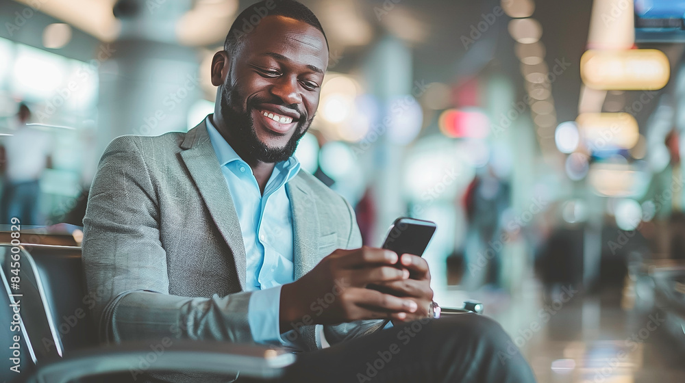 Smiling Businessman Using Smartphone While Waiting in Airport Terminal. Smiling Businessman Using Smartphone While Waiting in Airport Terminal.