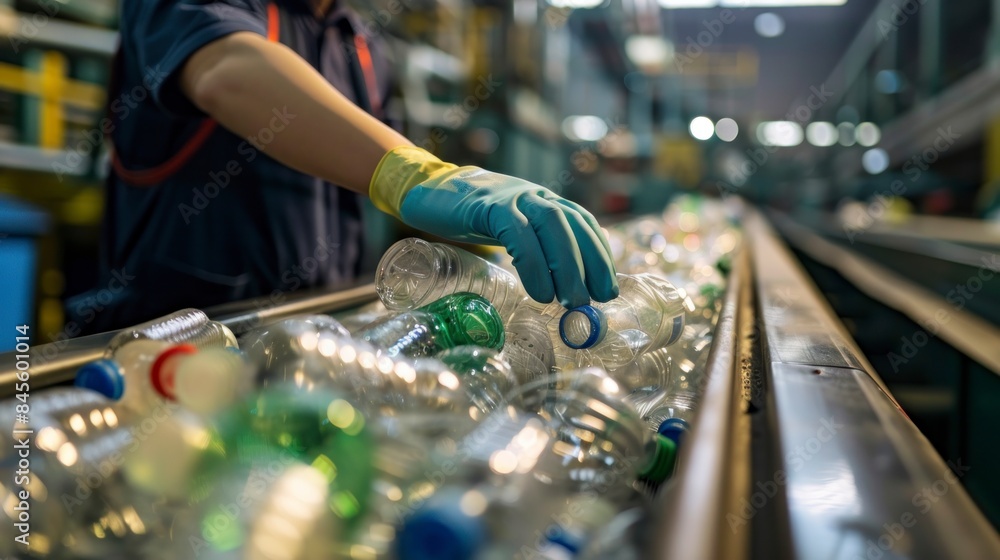 Close up of gloved hands of an employee working on a conveyor for recycling and sorting garbage, focusing on plastic bottles and glasses, representing waste sorting and recycling efforts. Close up of gloved hands of an employee working on a conveyor for recycling and sorting garbage, focusing on plastic bottles and glasses, representing waste sorting and recycling efforts.