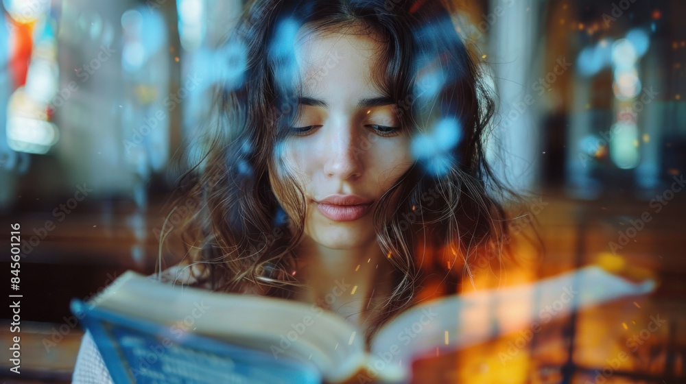 Young woman reading Holy Bible, double exposure with Christian church interior Young woman reading Holy Bible, double exposure with Christian church interior