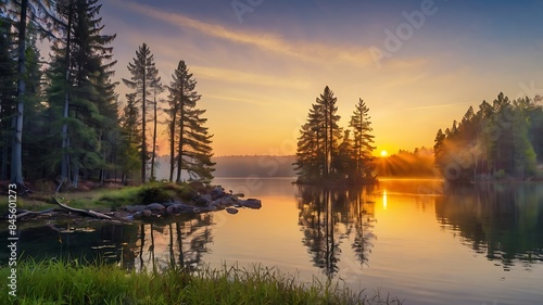 Sunset in horizon landscape of forest by the lake with clouds in sky © MoezZ