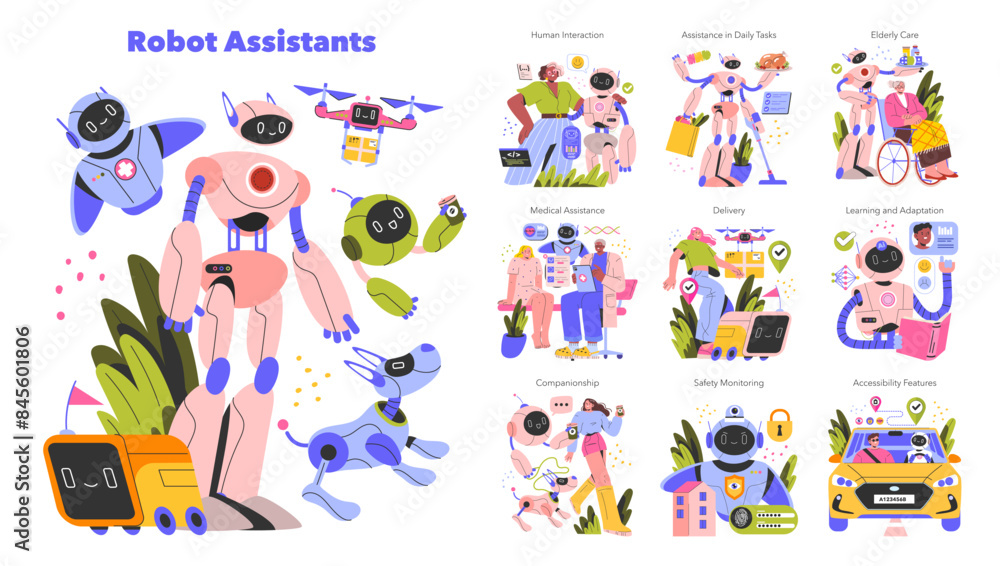 Robot Assistants. Flat Vector Illustration Robot Assistants. Flat Vector Illustration