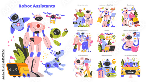 Robot Assistants. Flat Vector Illustration