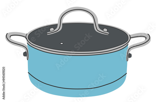 Metal saucepan. Stainless steel sauce pan, kitchen cooking utensil. Clean aluminum pot covered with glass lid.