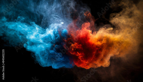 vibrant nebula with swirling red and blue smoke-like patterns against a deep black background, creating a dynamic and otherworldly visual experience