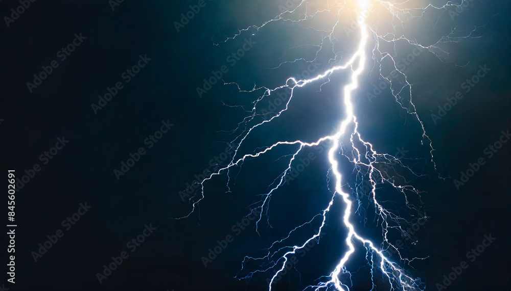 thunderstorm illuminating the night sky with powerful lightning strikes. The bright, jagged bolts of lightning contrast sharply against the dark clouds, symbolizing nature's raw, untamed power