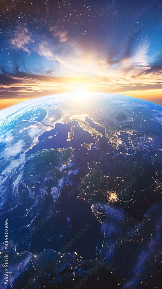 Celestial Tranquility: Earth and the Cosmos Bathed in Dawn's Light.. Panoramic view of the Earth, sun, star and galaxy. Sunrise over planet Earth, view from space Celestial Tranquility: Earth and the Cosmos Bathed in Dawn's Light.. Panoramic view of the Earth, sun, star and galaxy. Sunrise over planet Earth, view from space