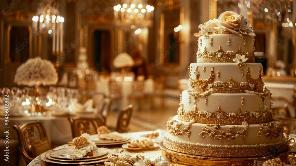 Opulent Metallic-Accented Cake in Elegant Dining Room for Luxurious Celebrations Opulent Metallic-Accented Cake in Elegant Dining Room for Luxurious Celebrations