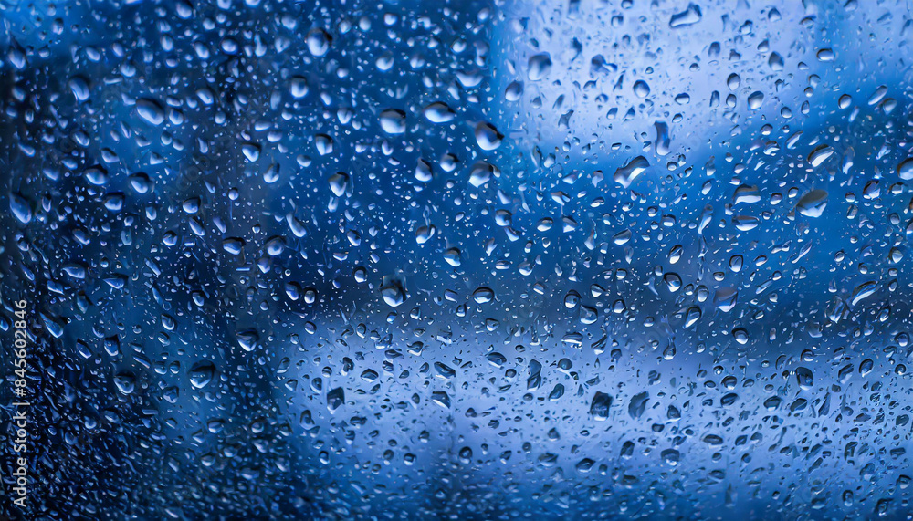 Raindrops on blue glass create an abstract view, symbolizing tranquility, renewal, and introspection. The water droplets form intricate patterns, evoking a sense of calm and contemplation Raindrops on blue glass create an abstract view, symbolizing tranquility, renewal, and introspection. The water droplets form intricate patterns, evoking a sense of calm and contemplation