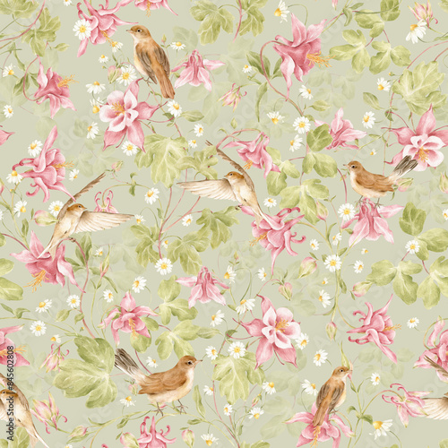Vintage floral seamless pattern. Watercolor background with pink bellflowers, delicate daisies, and birds