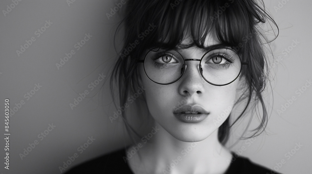 Cute girl with a trendy hairstyle and glasses, posing against a monochrome background Cute girl with a trendy hairstyle and glasses, posing against a monochrome background