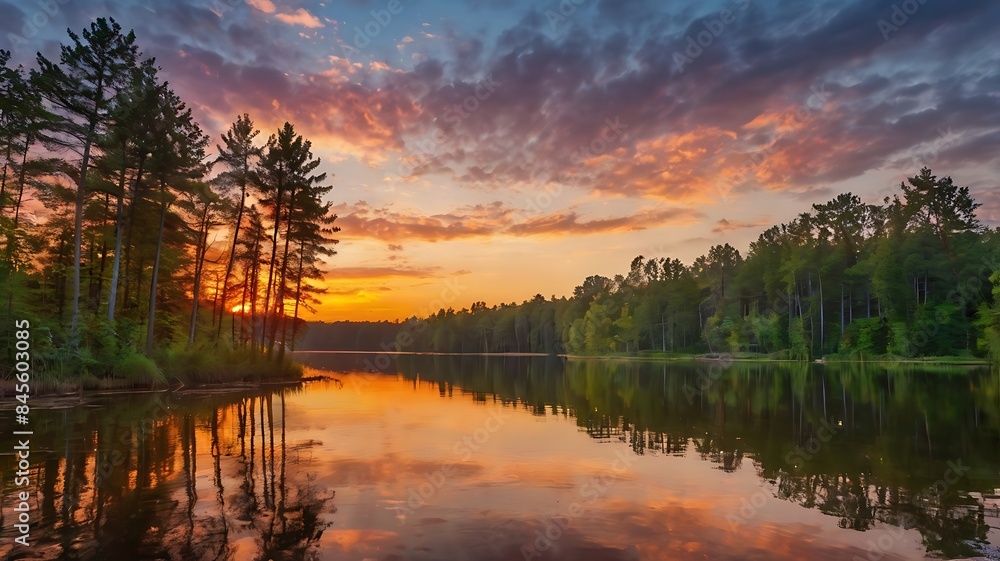Sunset in horizon landscape of forest by the lake with clouds in sky Sunset in horizon landscape of forest by the lake with clouds in sky