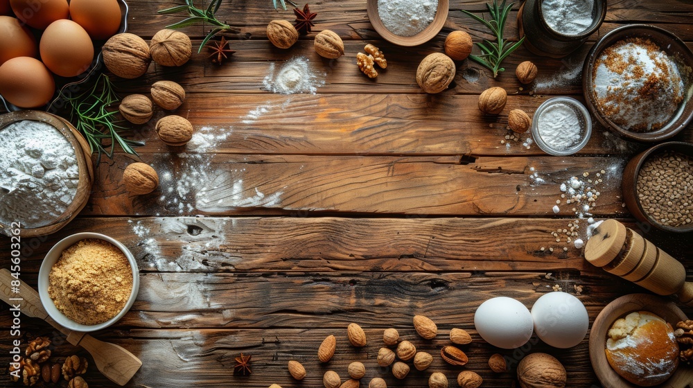 overhead shot of a kitchen wooden counter, light wood grain, luxury, natural lighting, horizontal grain, with kitchen ingredients for a cake on the side overhead shot of a kitchen wooden counter, light wood grain, luxury, natural lighting, horizontal grain, with kitchen ingredients for a cake on the side