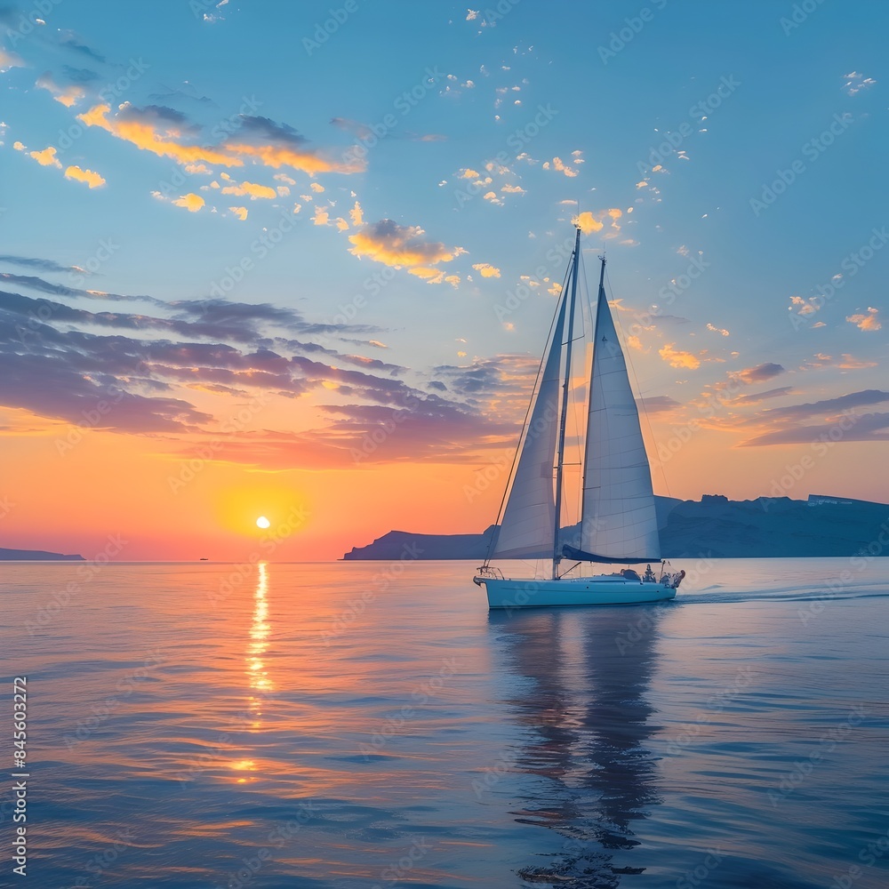 Vibrant Sunset Sailing in Scenic Santorini Seascape with Iconic White Backdrop Vibrant Sunset Sailing in Scenic Santorini Seascape with Iconic White Backdrop