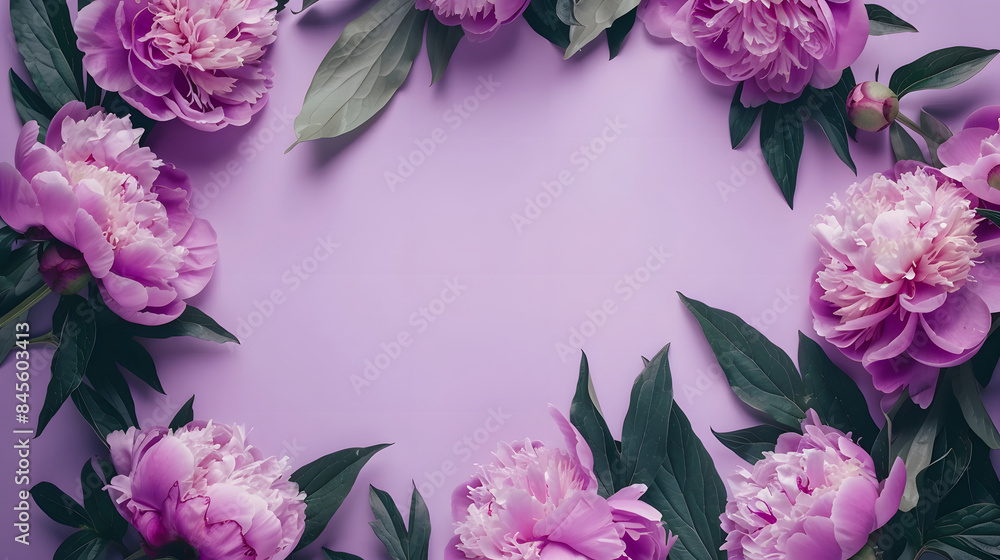 A delicate arrangement of pink peony blossoms and leaves creates a natural frame on a soft lavender backdrop. The elegant composition is perfect for spring or wedding-themed designs A delicate arrangement of pink peony blossoms and leaves creates a natural frame on a soft lavender backdrop. The elegant composition is perfect for spring or wedding-themed designs