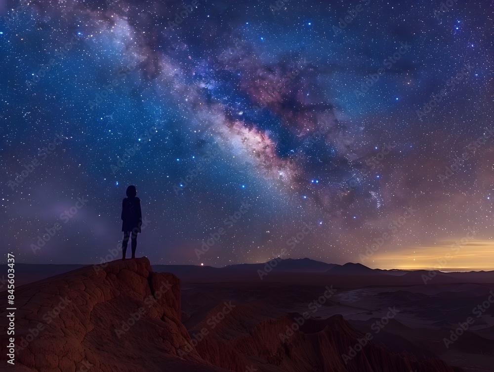 Silhouetted figure gazing at the breathtaking Milky Way in the Atacama Desert s starry night sky Silhouetted figure gazing at the breathtaking Milky Way in the Atacama Desert s starry night sky
