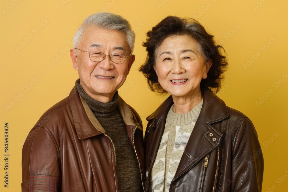 Portrait of a grinning asian couple in their 70s sporting a classic leather jacket in soft yellow background Portrait of a grinning asian couple in their 70s sporting a classic leather jacket in soft yellow background