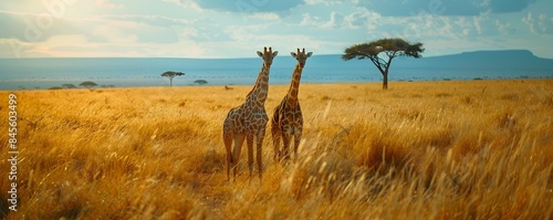 Safari Adventure in Serengeti with Wild Giraffes in Open Grassland Landscape