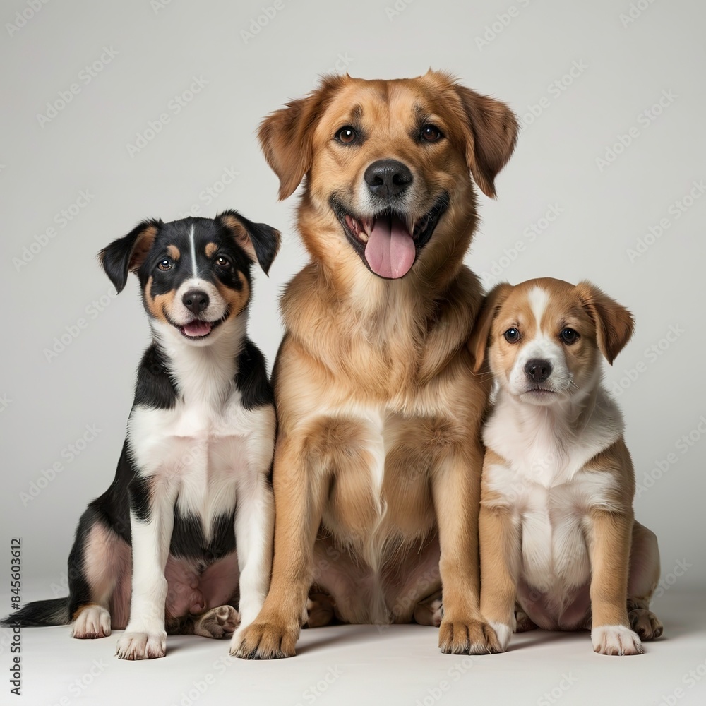 three dogs on a clean white background