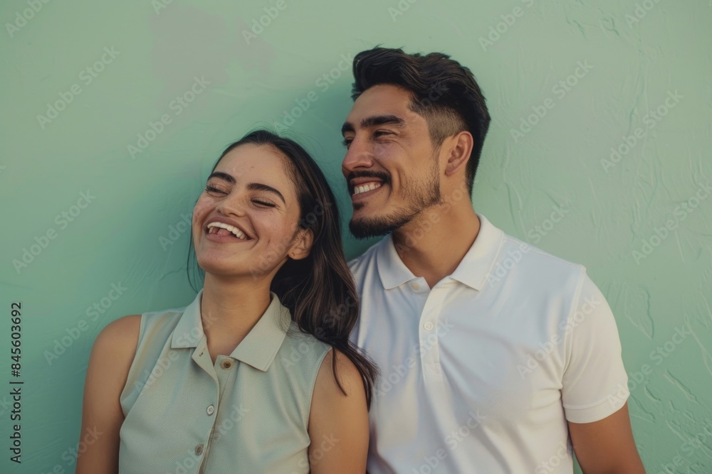 Portrait of a blissful latino couple in their 20s donning a classy polo shirt while standing against soft green background Portrait of a blissful latino couple in their 20s donning a classy polo shirt while standing against soft green background