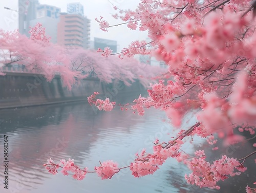 Magnificent Cherry Blossoms Adorning an Urban Landscape Fleeting Beauty in Tokyo s Serene Moments photo