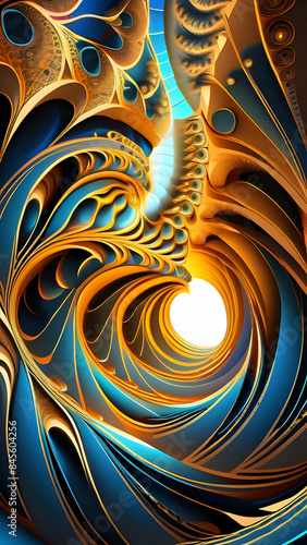 Abstract Blue And Gold Swirling Fractal Art Design