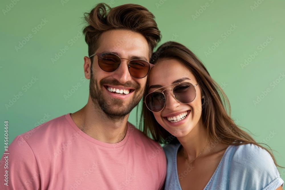 Portrait of a grinning caucasian couple in their 30s wearing a trendy sunglasses on soft green background Portrait of a grinning caucasian couple in their 30s wearing a trendy sunglasses on soft green background