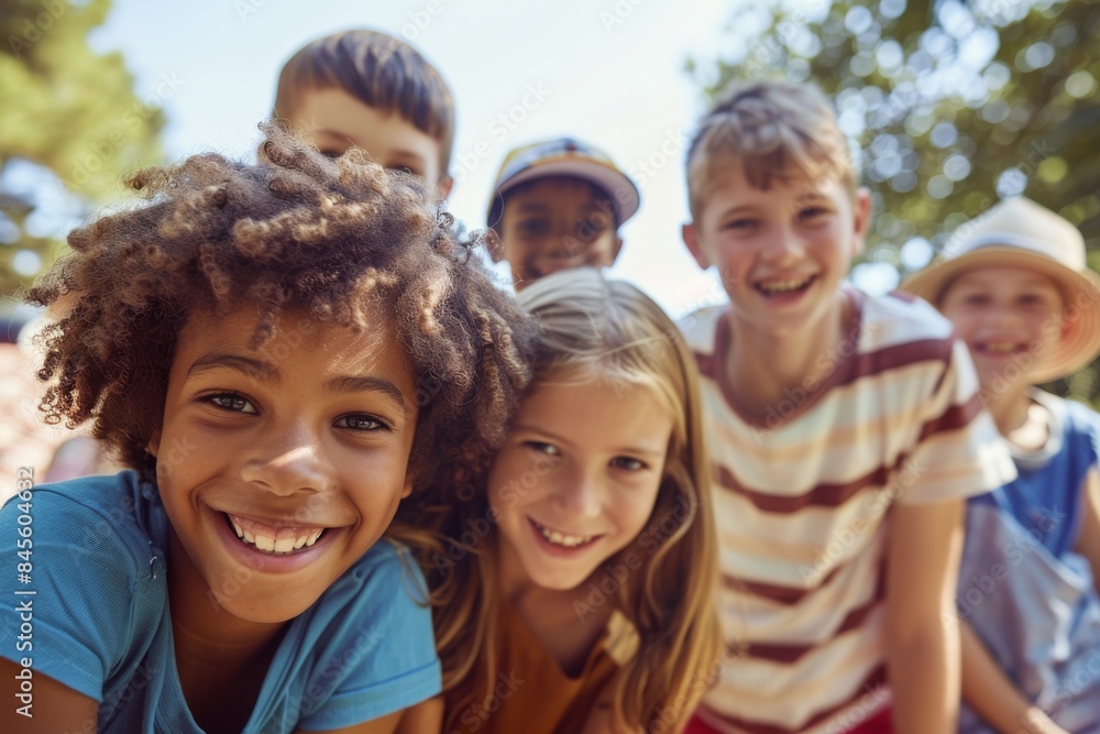 Portrait of smiling multiethnic group of children looking at camera in park Portrait of smiling multiethnic group of children looking at camera in park