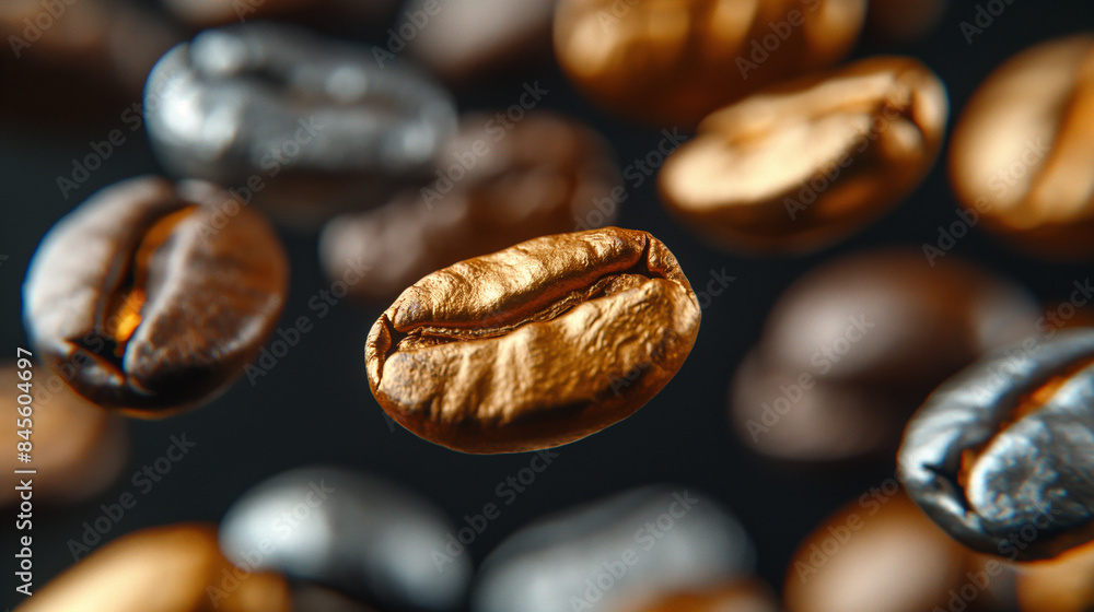 lot of metallic coffee beans in silver and gold floating in the air, 28mm wide shot, black background. lot of metallic coffee beans in silver and gold floating in the air, 28mm wide shot, black background.